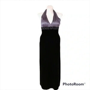 JS Boutique halter satin/velvet black/gray long dress 10